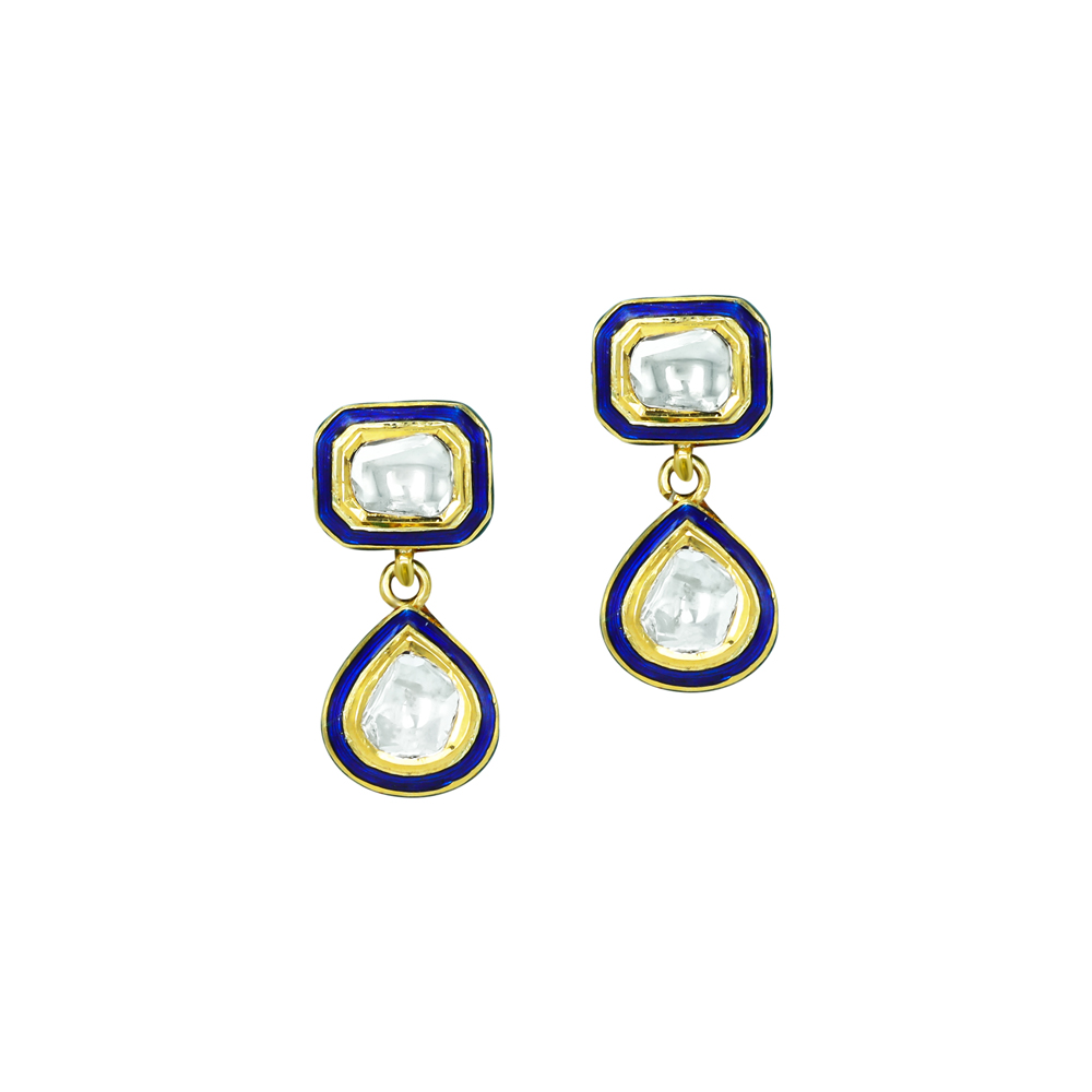 Square and Teardrop Polki Earrings with Blue Meena